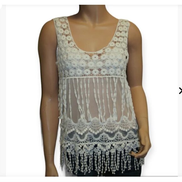 White Crystal K Boho Crochet Mesh Sheer Fringe Top y2k - Picture 2 of 7